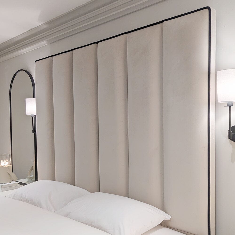 Title "Mercer Cream Velvet Luxury Panelled Ottoman Storage Bed with Contrast Black Piping" Description