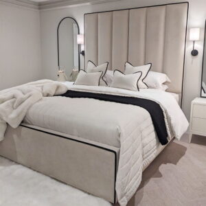 Luxury Paneled Ottoman Storage Bed with Contrast Black Piping